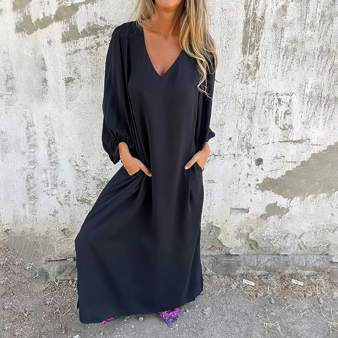 Langes Bohème-Kleid mit Taschen und Schlitzen